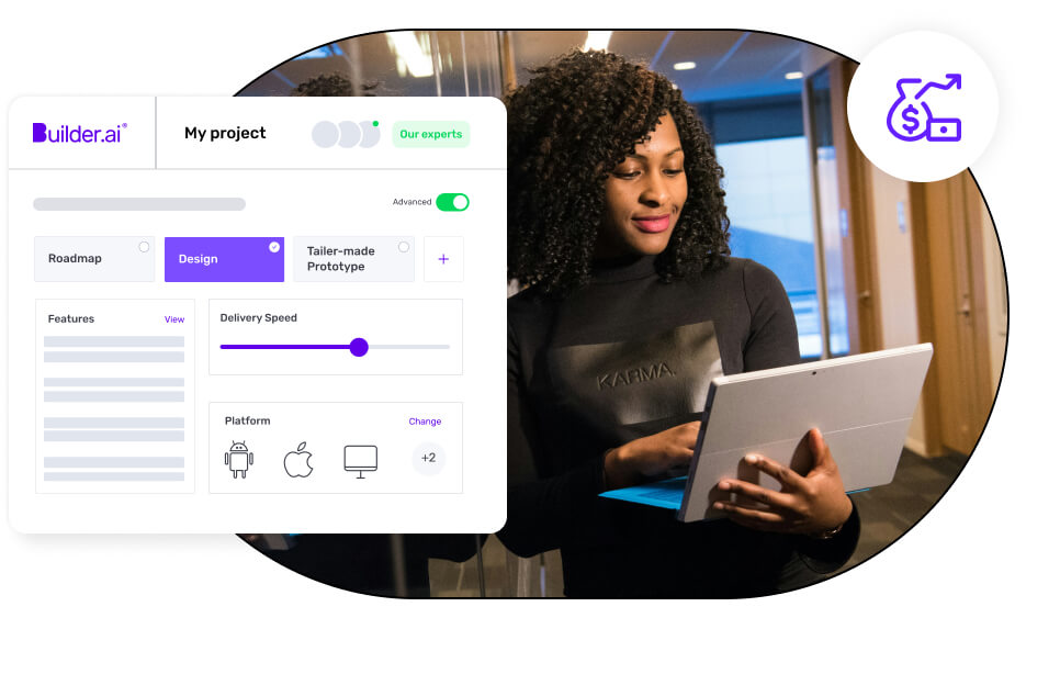 A person holding a tablet is reviewing a project on Builder.ai’s platform, depicted in an overlay interface showing options for design, features, and delivery speed.