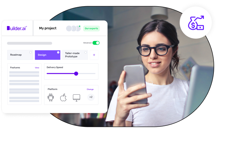 A person holding a tablet is reviewing a project on Builder.ai’s platform, depicted in an overlay interface showing options for design, features, and delivery speed.