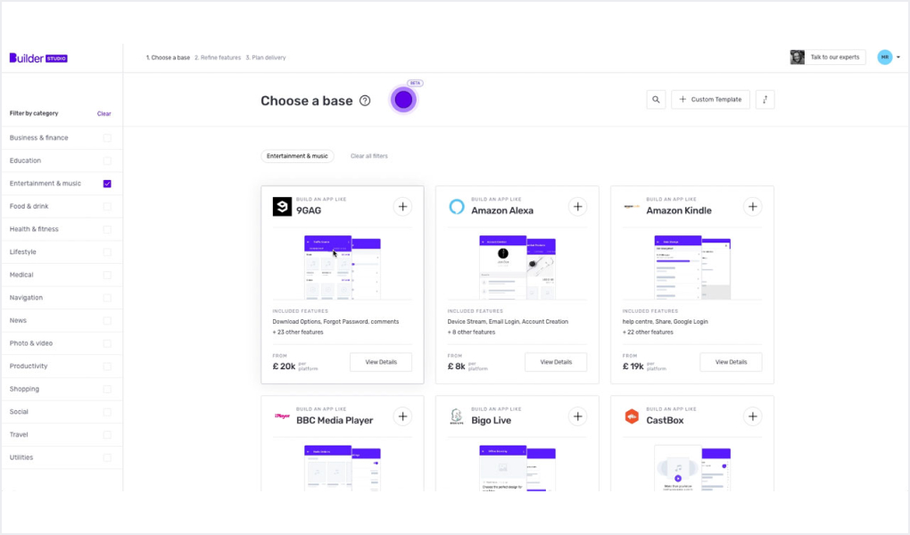 Builder Studio dashboard screen to select a base for building an app