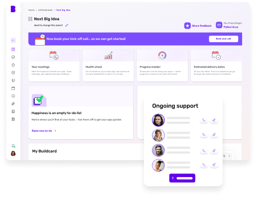 Builder.ai app development platform dashboard with project flow