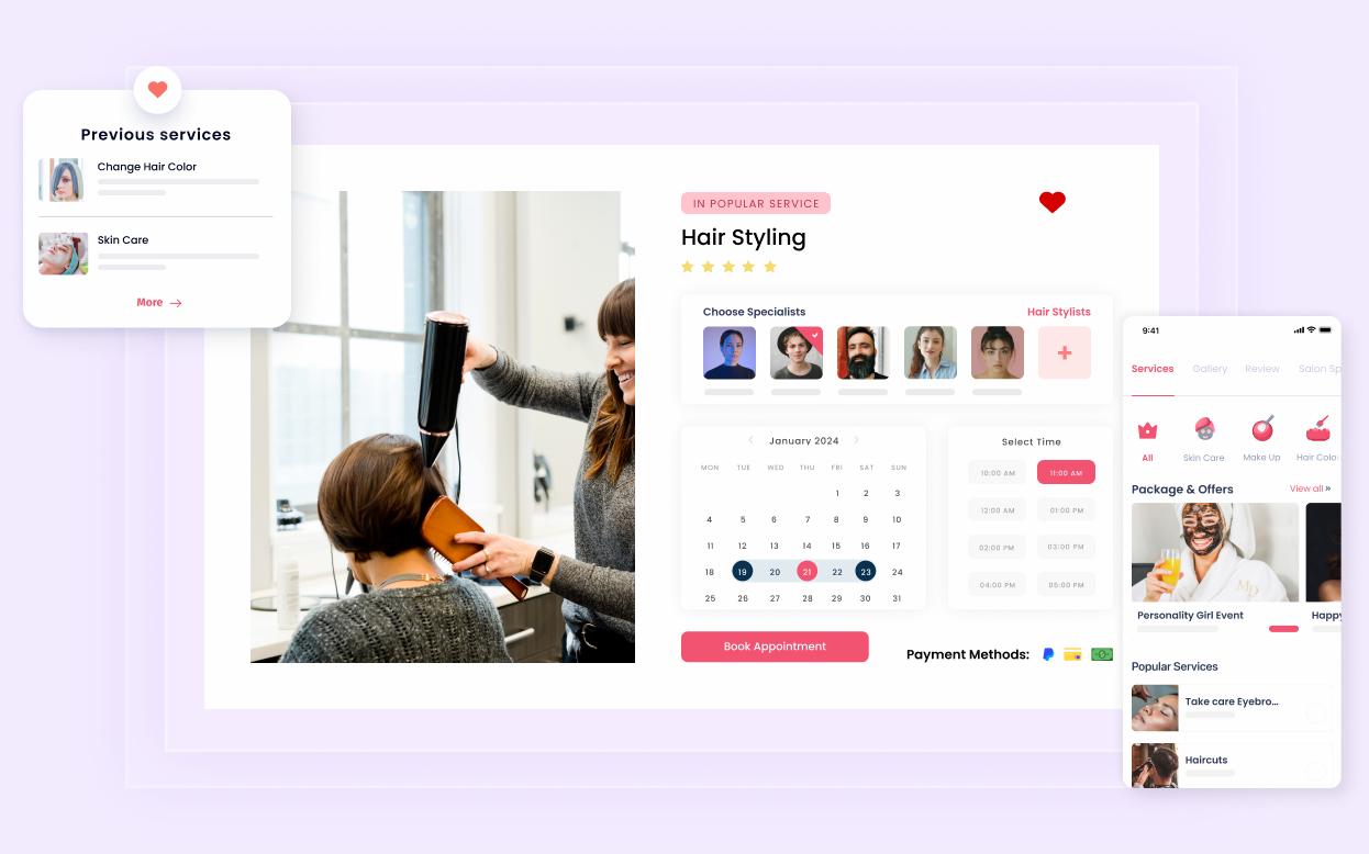 Salon website UI highlights a desktop screen with a hairstylist and a mobile screen highlights available services