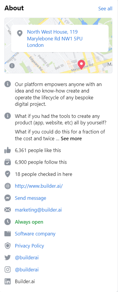 Builder.ai's about detail on Facebook page