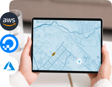 A concept of cloud hosting for a taxi booking app highlighting AWS, DigitalOcean and Azure