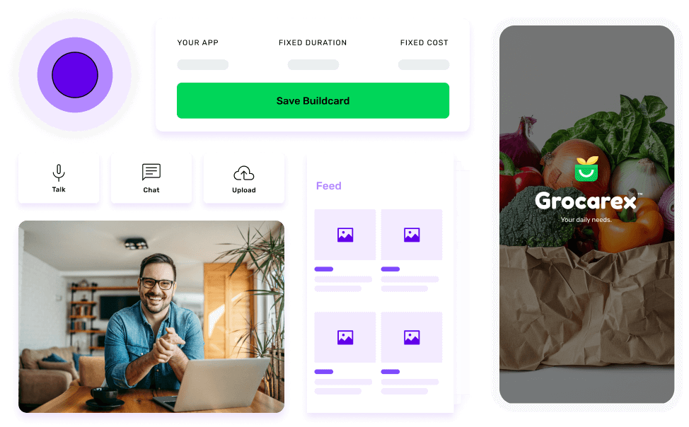 A concept of grocery delivery app development, featuring a login screen, design elements, and an image of an individual using a laptop.