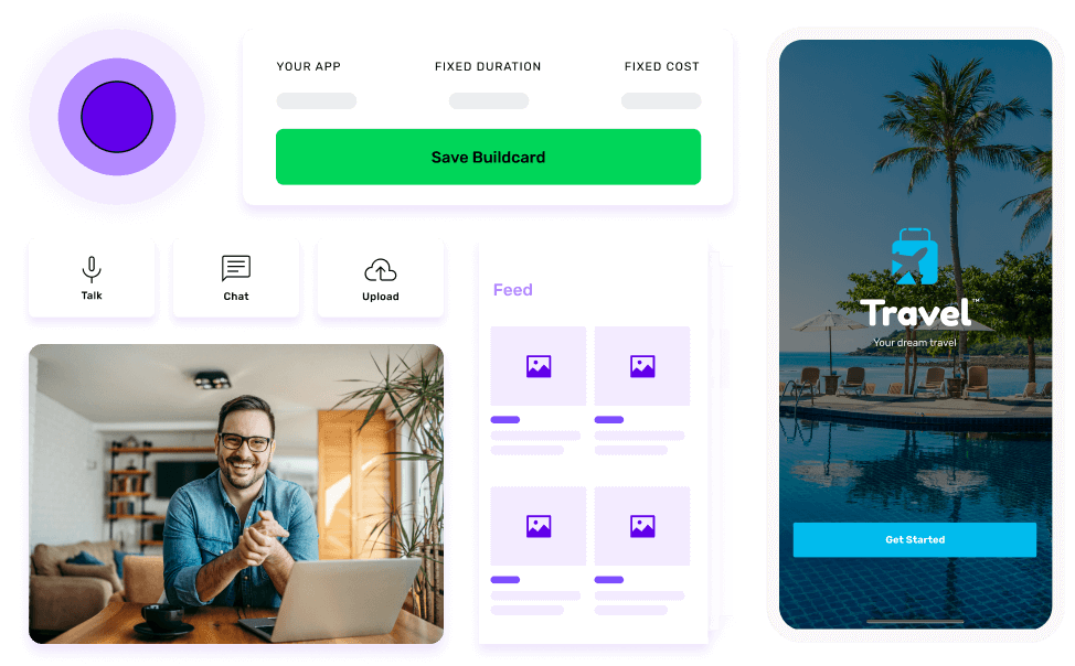 A concept of travel app development, featuring a splash screen, design elements, and an image of an individual using a laptop.