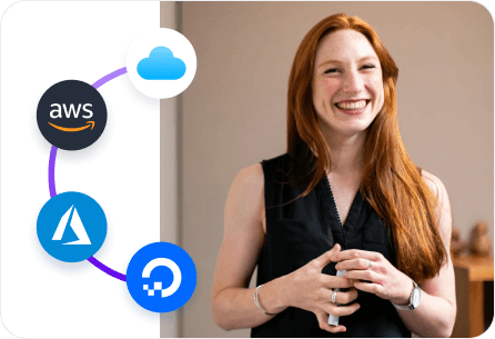 The image depicts a person indoors, holding a white board marker. Around them, three icons representing Amazon Web Services (AWS), DigitalOcean, and Azure are connected by lines, symbolising the concept of cloud services.