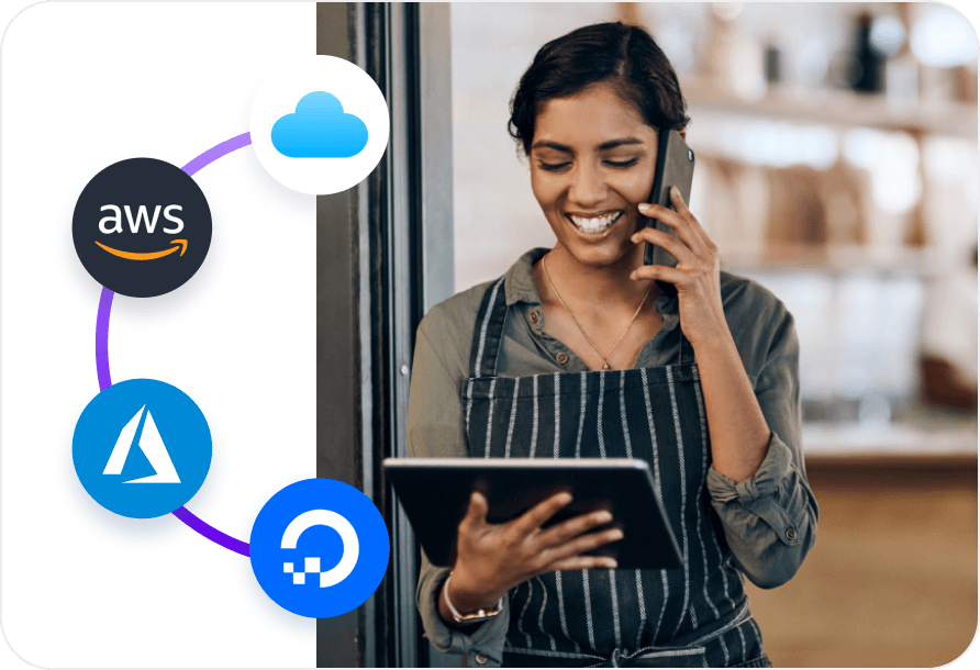 The image depicts a person indoors, engaging with a tablet. Around them, three icons representing Amazon Web Services (AWS), DigitalOcean, and Azure are connected by lines, symbolising the concept of cloud services.