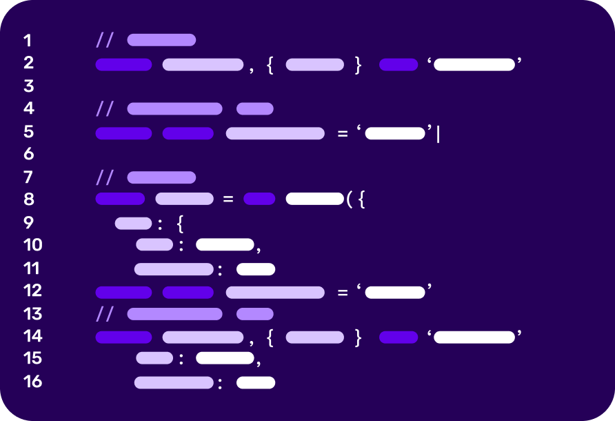 An illustration of a code editor. The “code” consists of various short and long rectangles in lighter purple and white, some with rounded ends, and bracket-like symbols interspersed throughout.