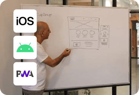 An individual is presenting a whiteboard with various design sketches. The whiteboard displays a rough layout of a mobile application interface, with sections “iOS”, “Android” and PWA logos in the foreground, indicating different operating system designs.