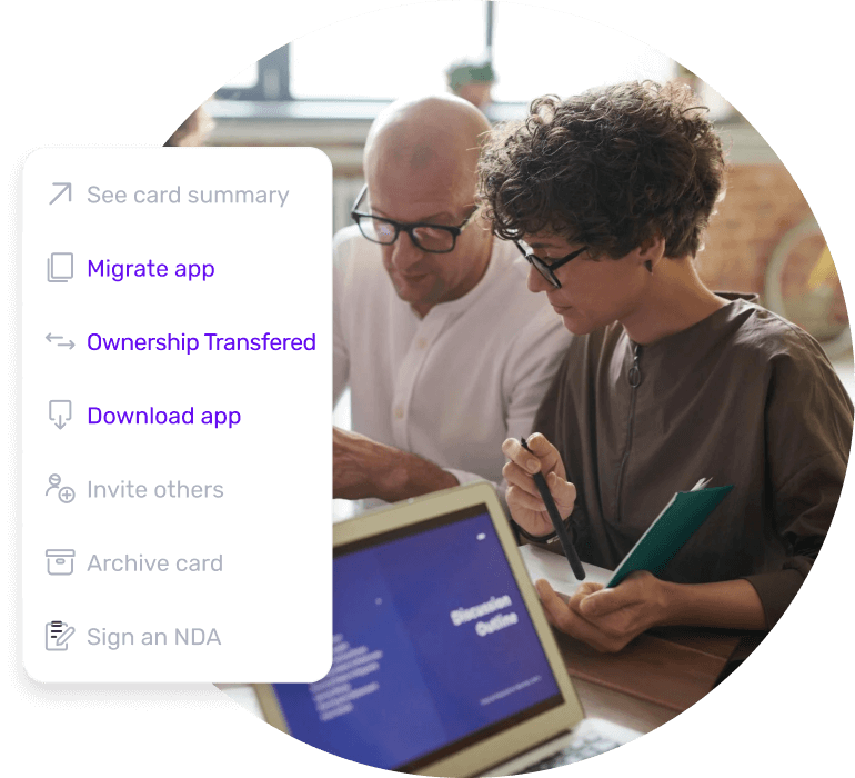 Builder Studio dashboard interface with options for card summary, app migration, ownership transfer, app download, inviting others, archiving a card, and signing a non-disclosure agreement. Two individuals are in the background; one is holding a tablet or digital device, and the other is having a notebook and pen, indicating a collaborative work setting.