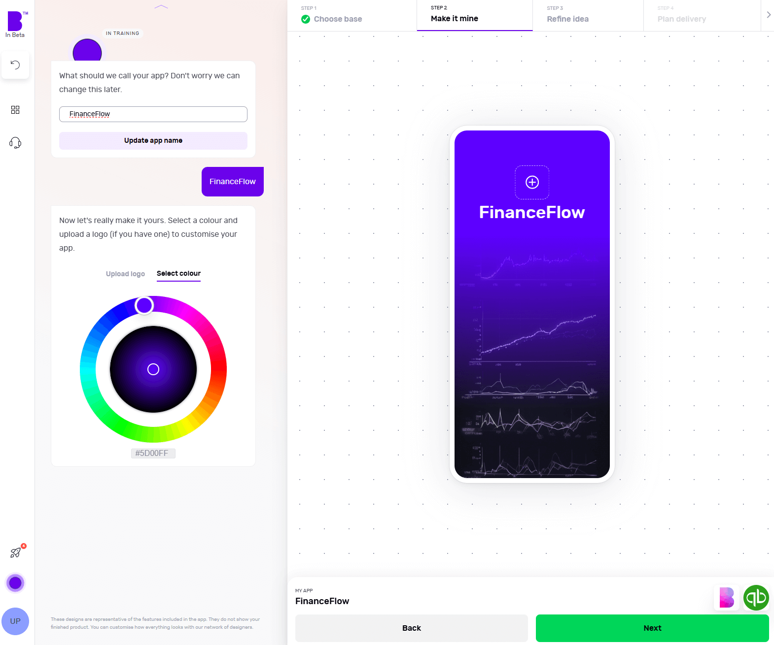 Builder Studio dashboard screen to customise app splash screen enables an app creator to change the app logo, colour themes and name of the app. The screen features FinanceFlow, a fintech app.