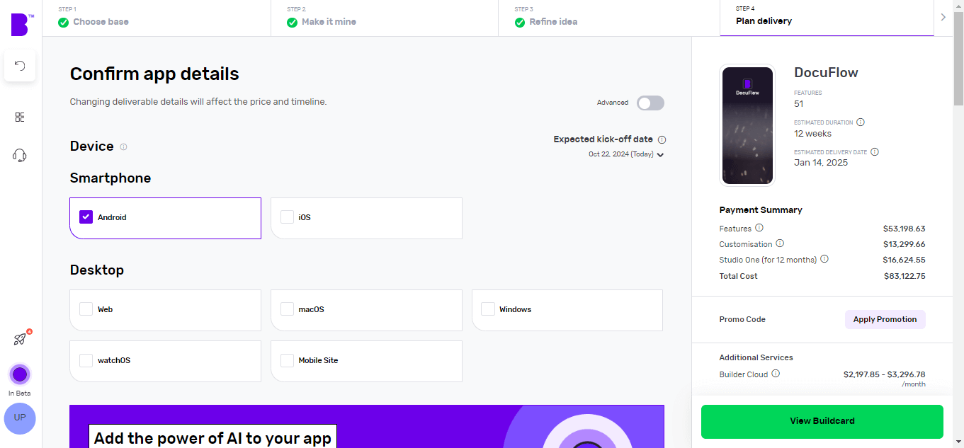 Builder Studio app planner screen. The screen highlights app platform selection, development speed and payment summary on the right panel for DocuFlow software.