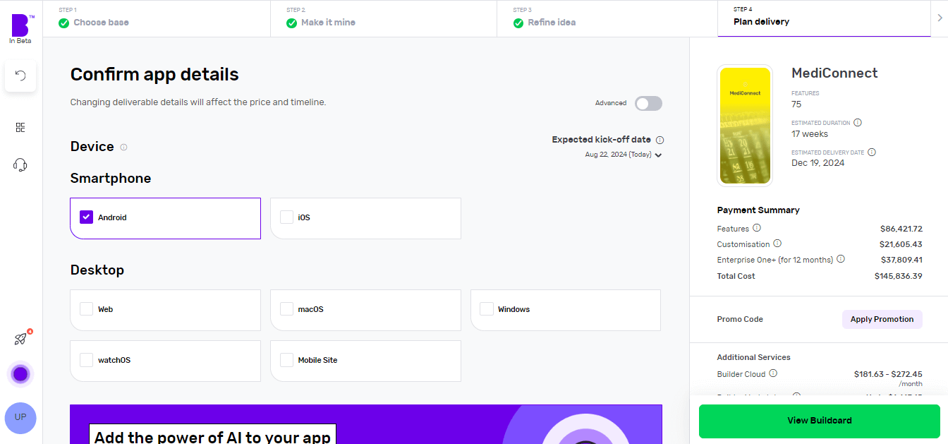 Builder Studio app planner screen. The screen highlights app platform selection, development speed and payment summary on the right panel.