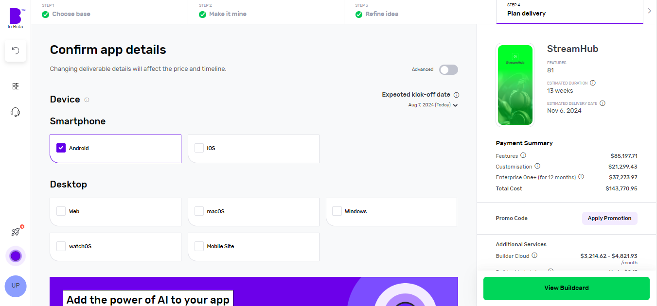 Builder Studio app planner screen. The screen highlights app platform selection, development speed and payment summary on the right panel.