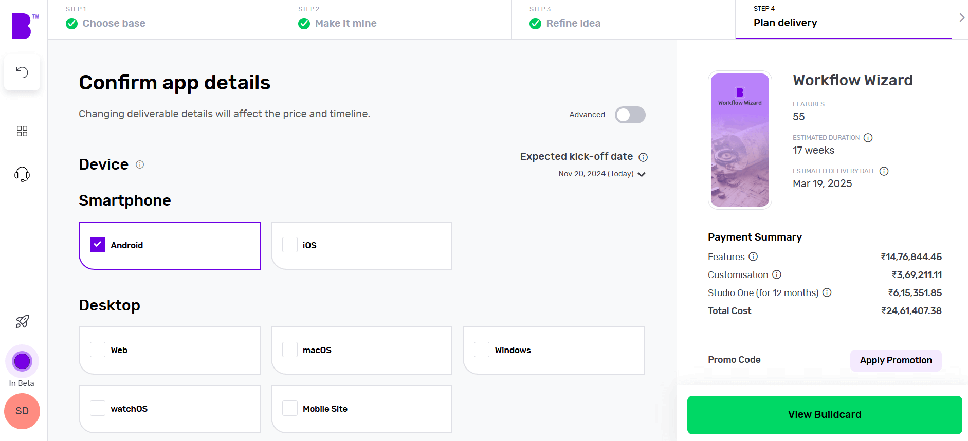 Builder Studio build card review screen. The screen highlights app platforms, number of features and expected delivery dates for Workflow Wizard, a workflow automation software.