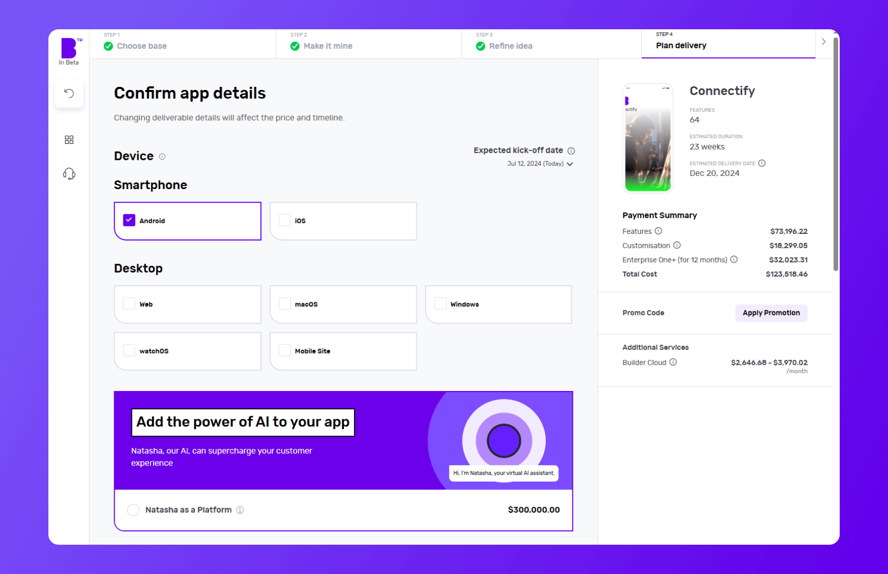 Builder Studio dashboard app planning screen highlighting Connectify app 