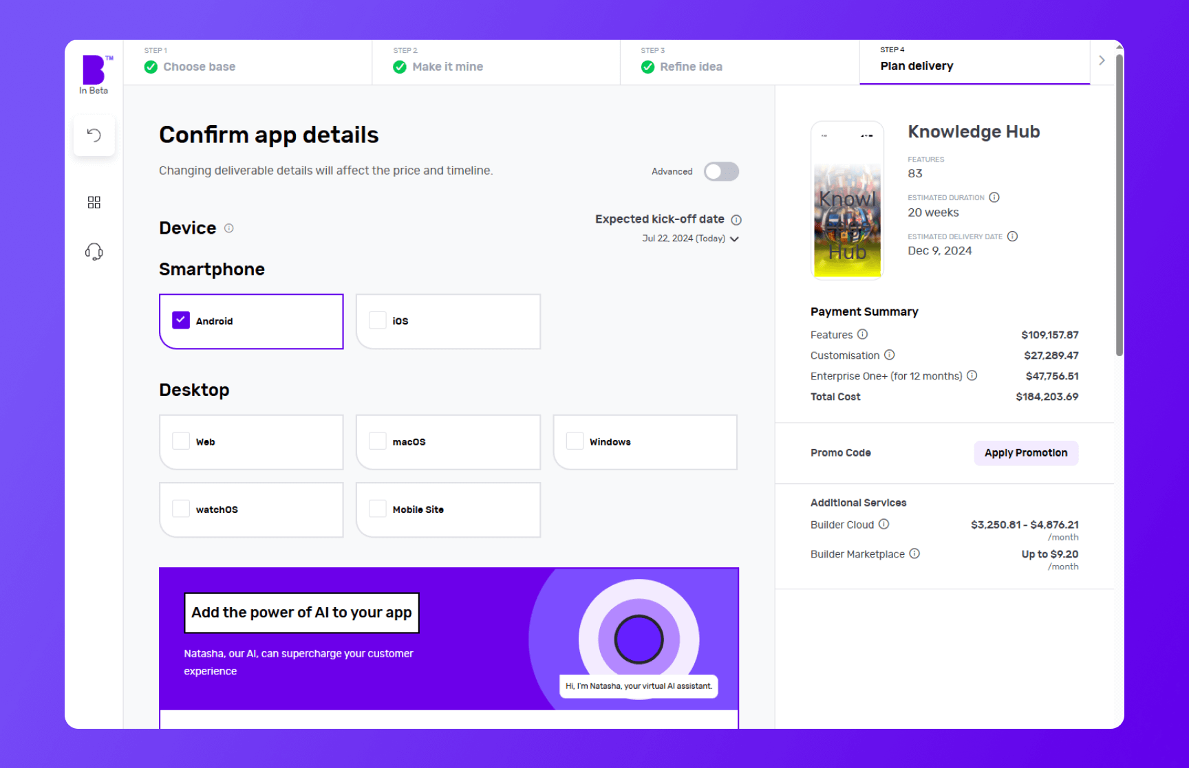 Builder Studio dashboard app planning screen featuring Knowledge Hub app