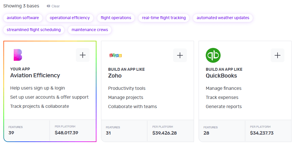 Builder Studio dashboard screen highlights base templates to build a look-a-like app. The screen lists Aviation Efficiency, Zoho and Quickbook as recommended base templates for building aviation software.