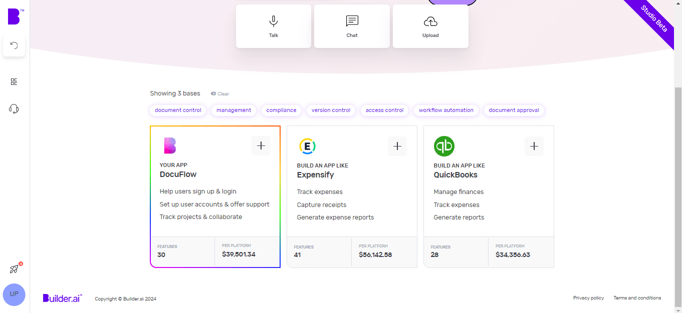 The Builder Studio dashboard screen highlights base templates for building document control software. The screen lists DocuFlow, Expensify and QuickBooks recommended base templates.
