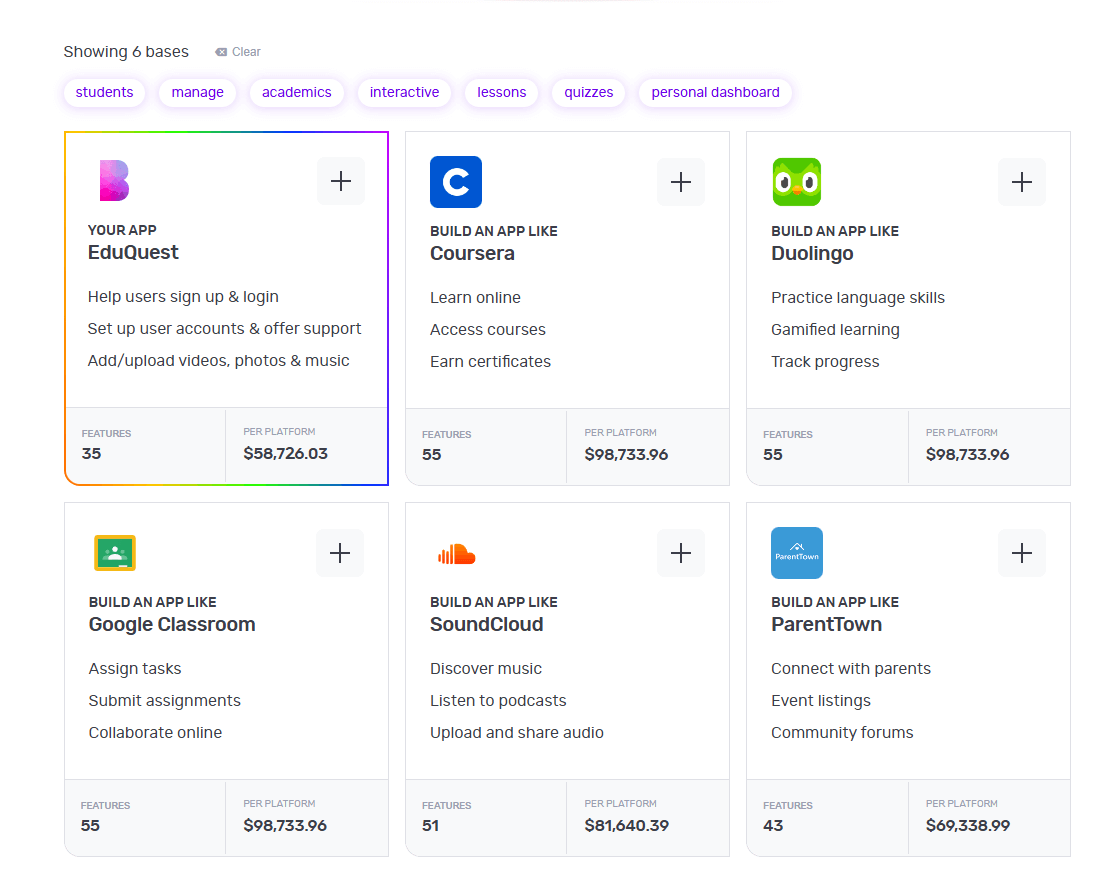 Builder Studio dashboard screen highlights base templates to build a look-a-like app. The screen lists EduQuest, Coursera, Duolingo, Google Classroom, SoundCloud and ParentTown as recommended base templates for building an educational app.