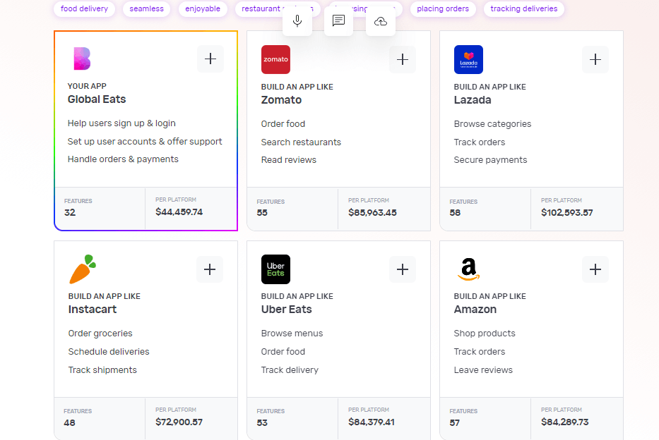 Builder Studio dashboard screen highlights base templates to build a food delivery app. The screen lists Zomato, Lazada, Instacart, Uber Eats and Amazon as the recommended base templates.