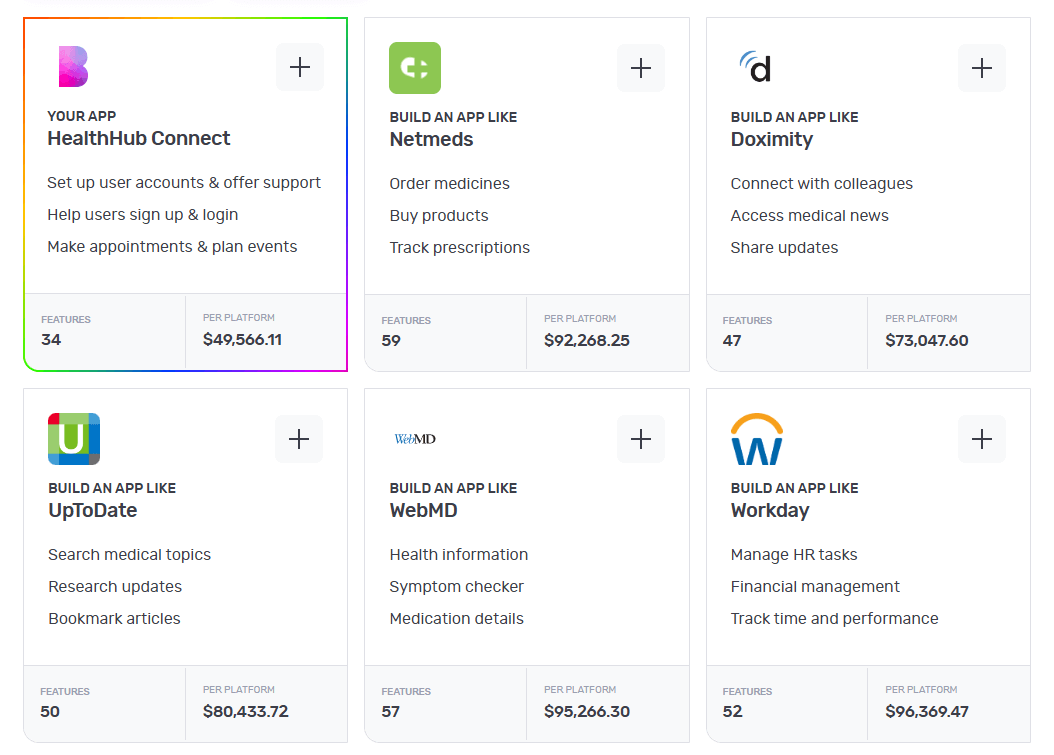 The Builder Studio dashboard highlights base templates like Netmeds, Doximity, UpToDate, WebMD, and Workday for building healthcare software.