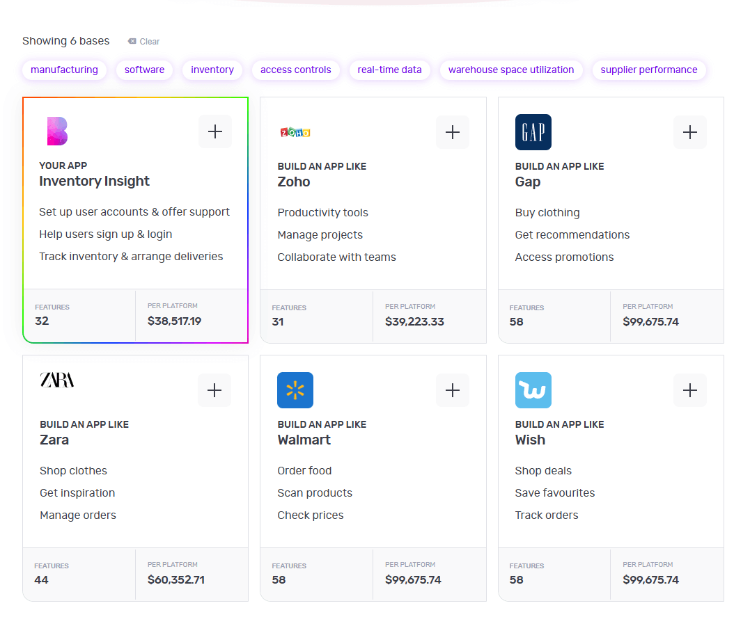 The Builder Studio dashboard highlights base templates like Zoho, Gap, ZARA, Walmart, and Wish for building manufacturing software.