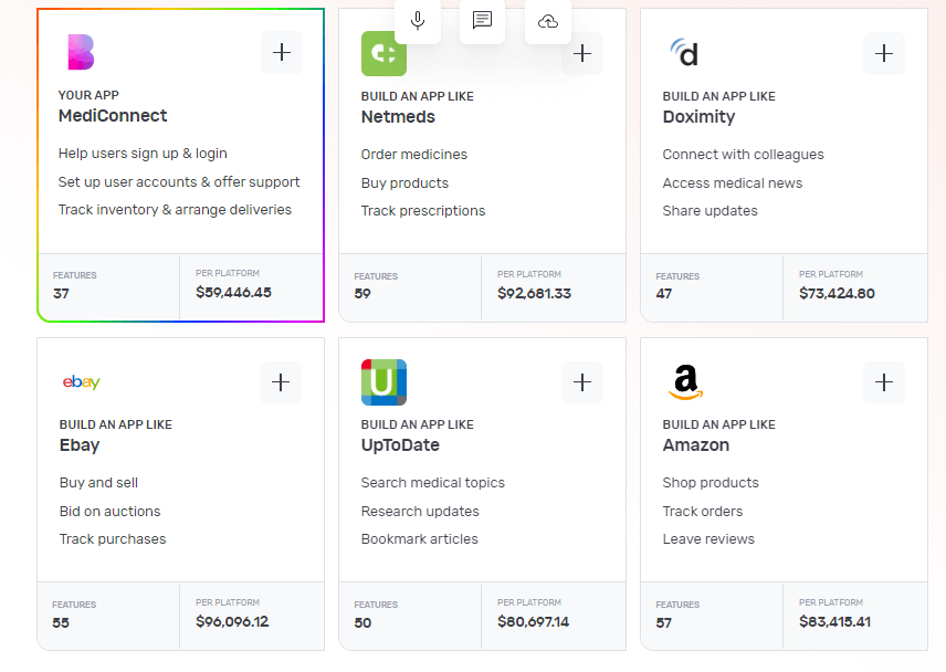 Builder Studio dashboard screen highlighting base templates to build a look-a-like app. The screen lists Mediconnect, Netmeds, Doximity, Ebay, UpToDate and Amazon as recommended base templates to build a medicine delivery  app.