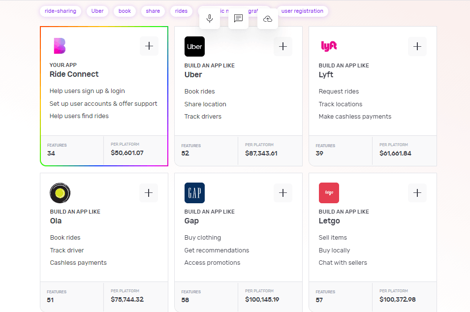 Builder Studio dashboard screen highlighting base templates to build a look-a-like app. The screen lists Ride Connect, Uber, Lyft, Ola, Gap and LetGo as recommended base templates to build a ride sharing app.