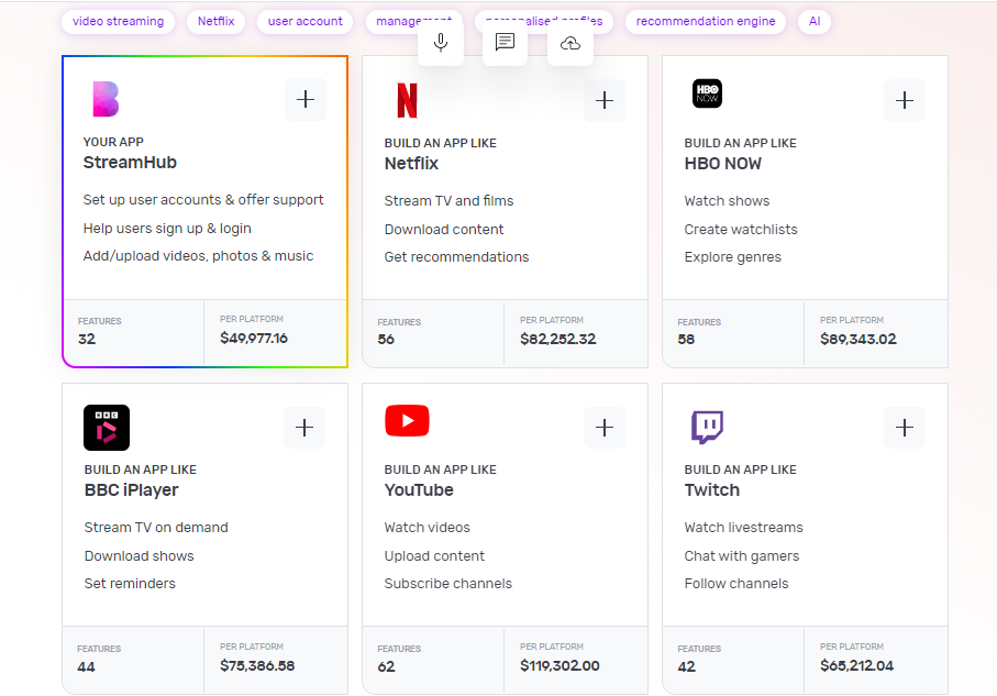 Builder Studio dashboard screen highlighting base templates to build a look-a-like app. The screen lists Netflix, HBO Now, YouTube, BBC iPlayer and Twitch as recommended base templates to build a video streaming app.