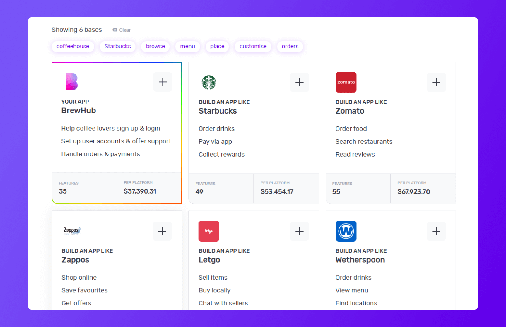 Builder Studio dashboard highlighting base apps like Starbucks and Zomato to build a coffee app