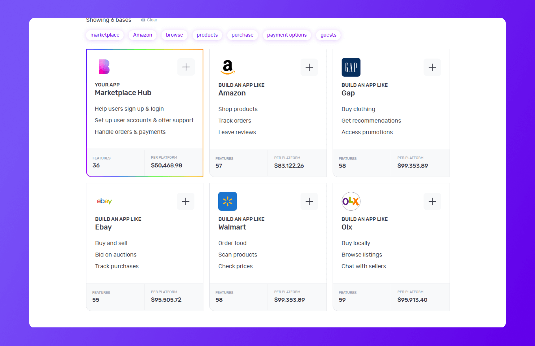 Builder Studio dashboard highlighting base apps like Amazon, Gap, eBay and Walmart