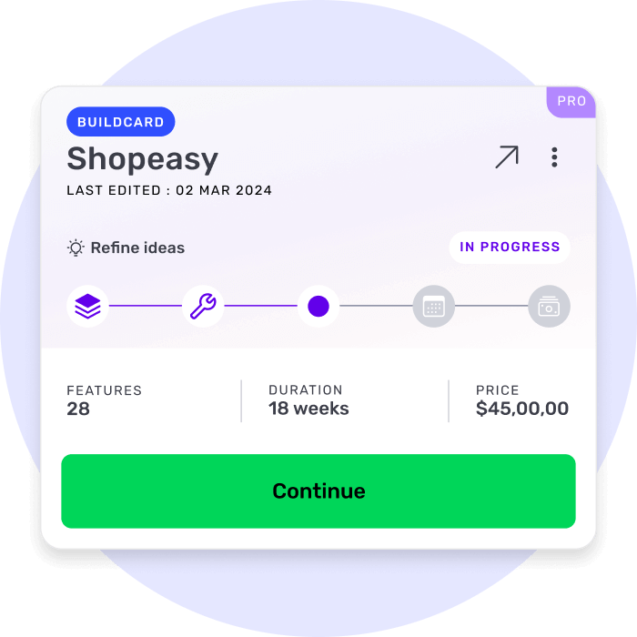 Builder Studio's digital project management interface displays a Build Card for Shopeasy in progress.