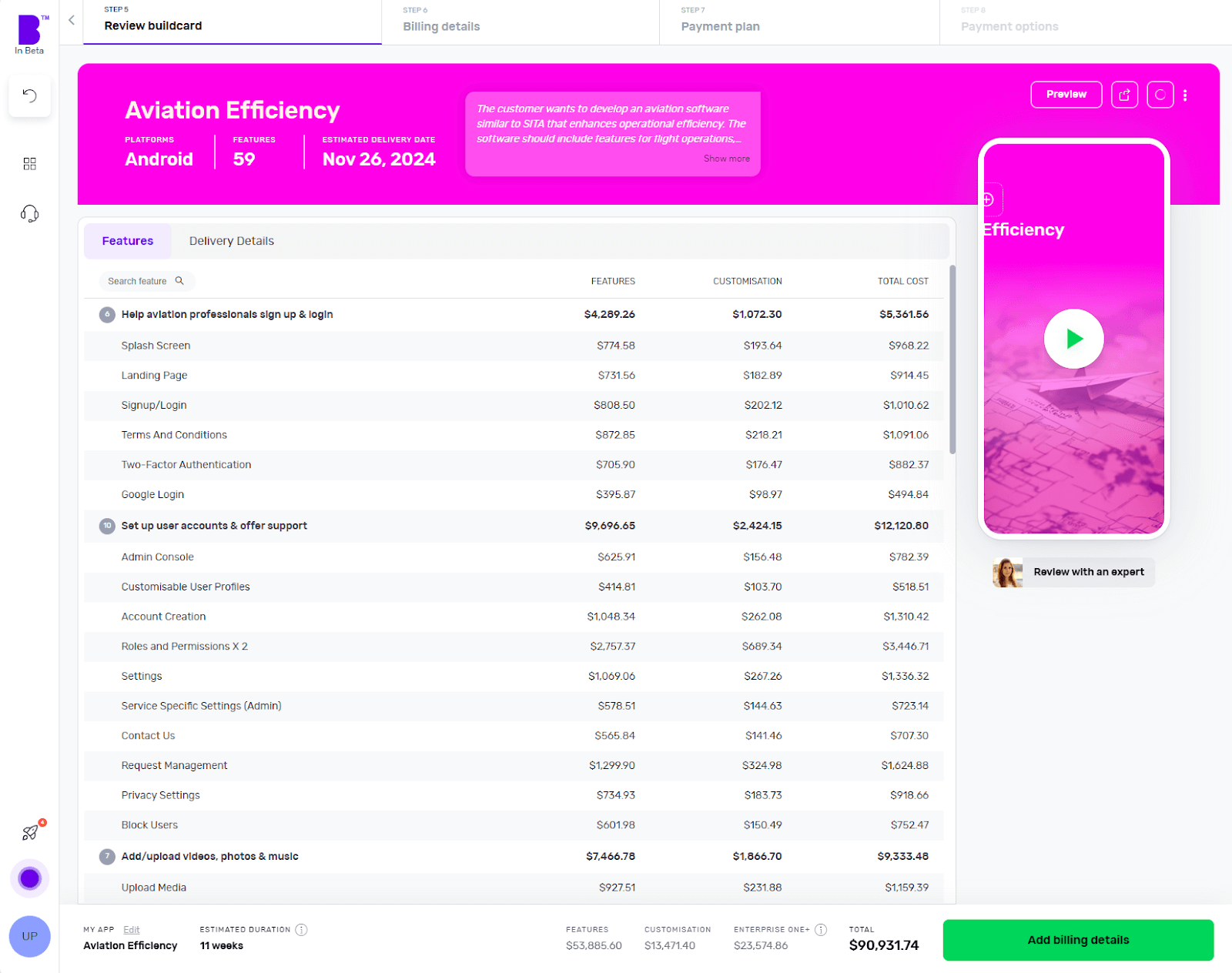 Builder Studio Buildcard review screen. The screen highlights app platforms, number of features and expected delivery dates for Aviation Efficiency software.