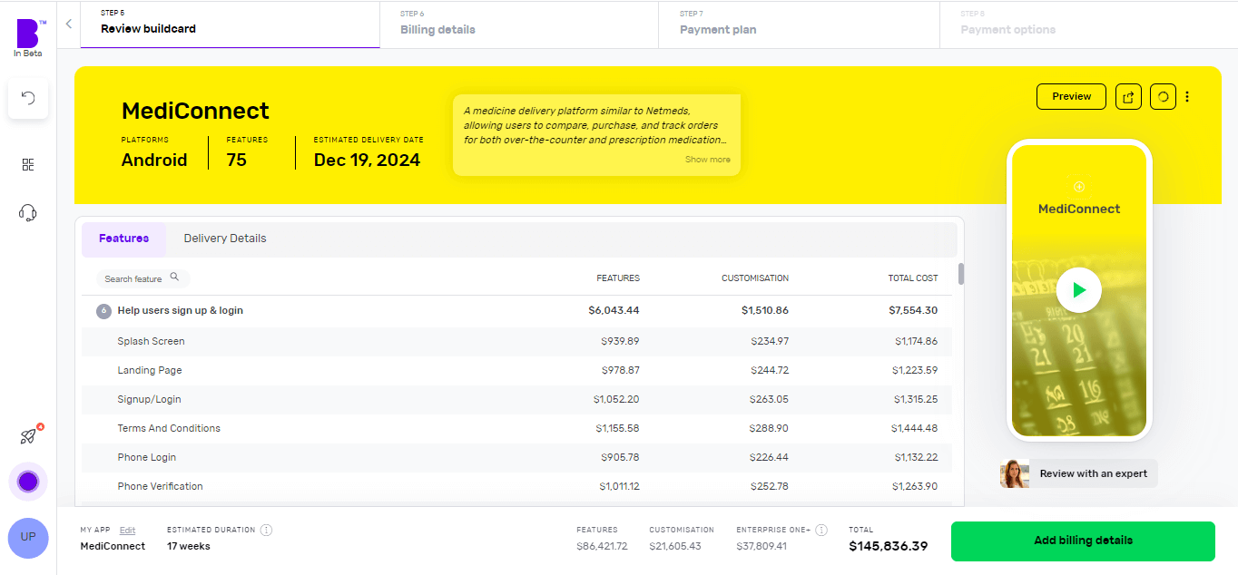 Builder Studio Buildcard review screen. The screen highlights app platforms, number of features and expected delivery dates.