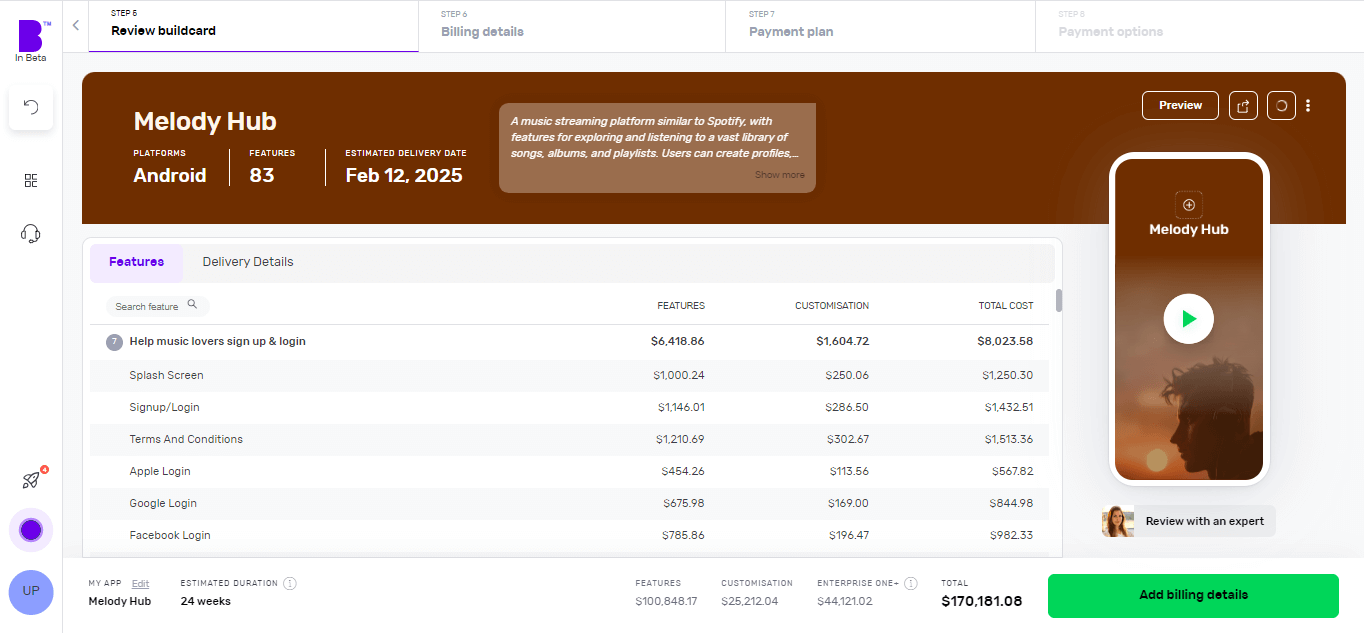 Builder Studio Buildcard review screen. The screen highlights app platforms, number of features and expected delivery dates.