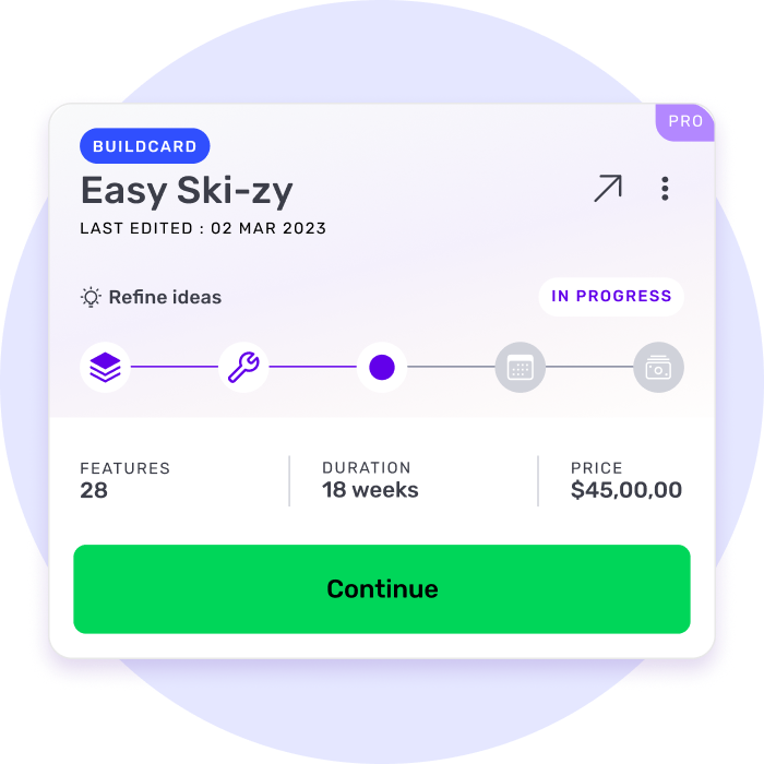 Builder Studio's digital project management interface displays a Build Card for Easy Ski-zy in progress.