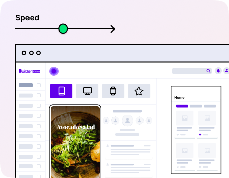 Builder Studio dashboard screen displaying a food delivery app and it’s development speed