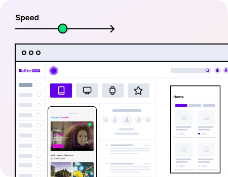 Builder Studio dashboard highlighting a dating app with an app wireframe screen