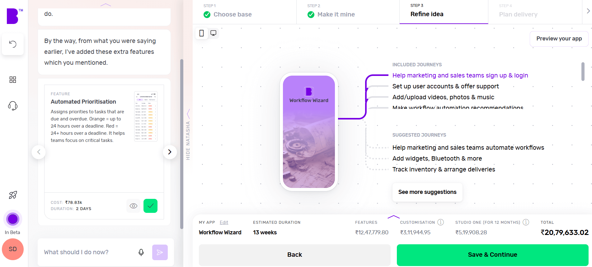 Builder Studio dashboard highlights app customisation screen for Workflow Wizard to customise app features which enables users to add or remove the needed features.