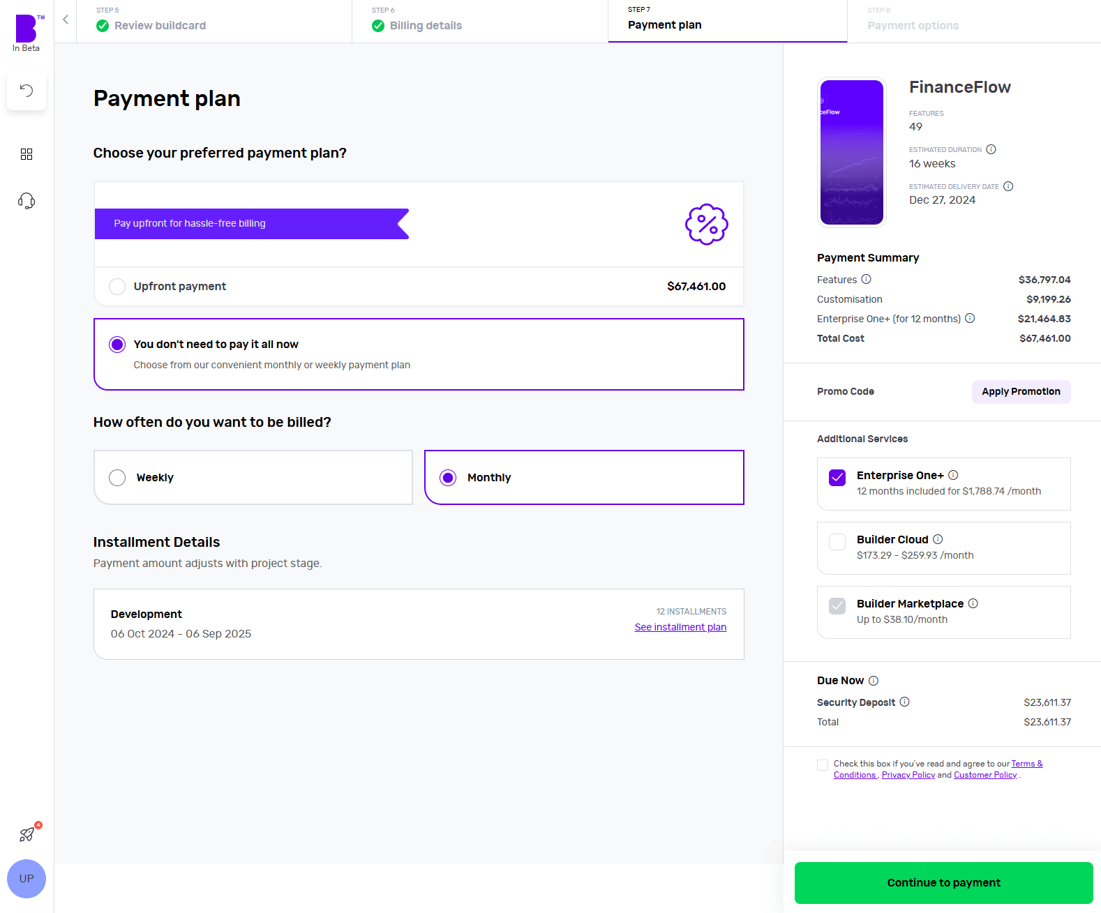 Screenshot of Builder Studio dashboard for app payment planning. The screen shows the project's cost, and how often you pay. The details of each payment, the payment summary and other services on the right panel.