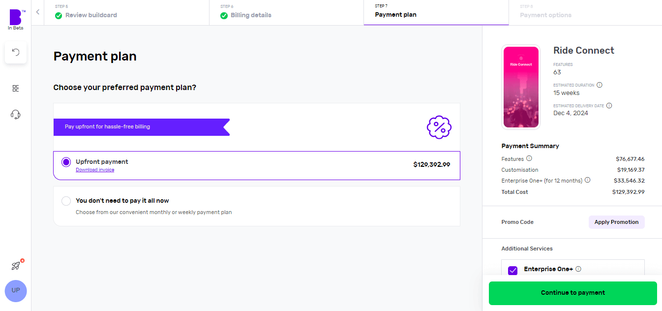 Screenshot of Builder Studio dashboard for app payment planning. The screen shows the project's cost, and how often you pay. The details of each payment, the payment summary and other services on the right panel.