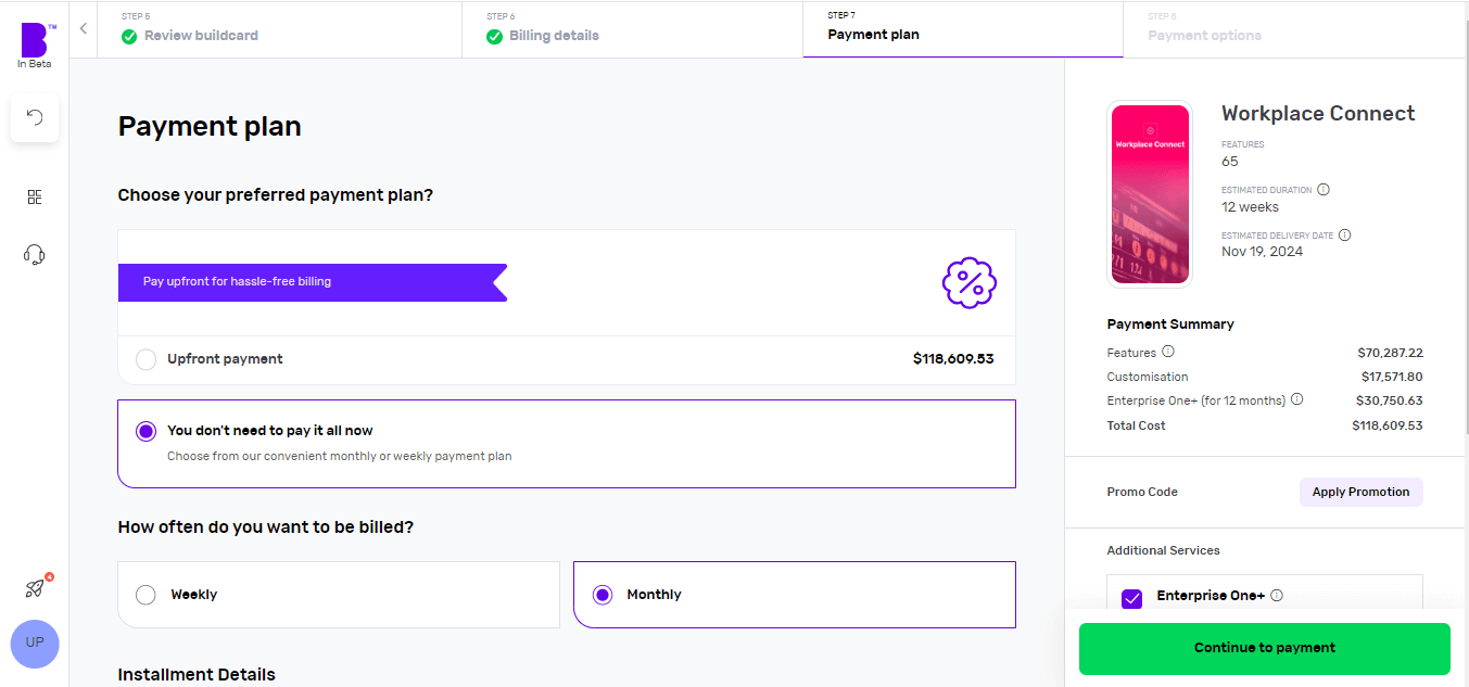 Screenshot of Builder Studio dashboard for app payment planning. The screen shows the project's cost, and how often you pay. The details of each payment, the payment summary and other services on the right panel.