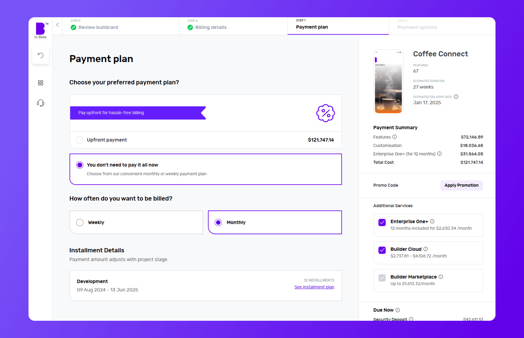 Builder Studio dashboard payment plan screen highlighting Coffee Connect app