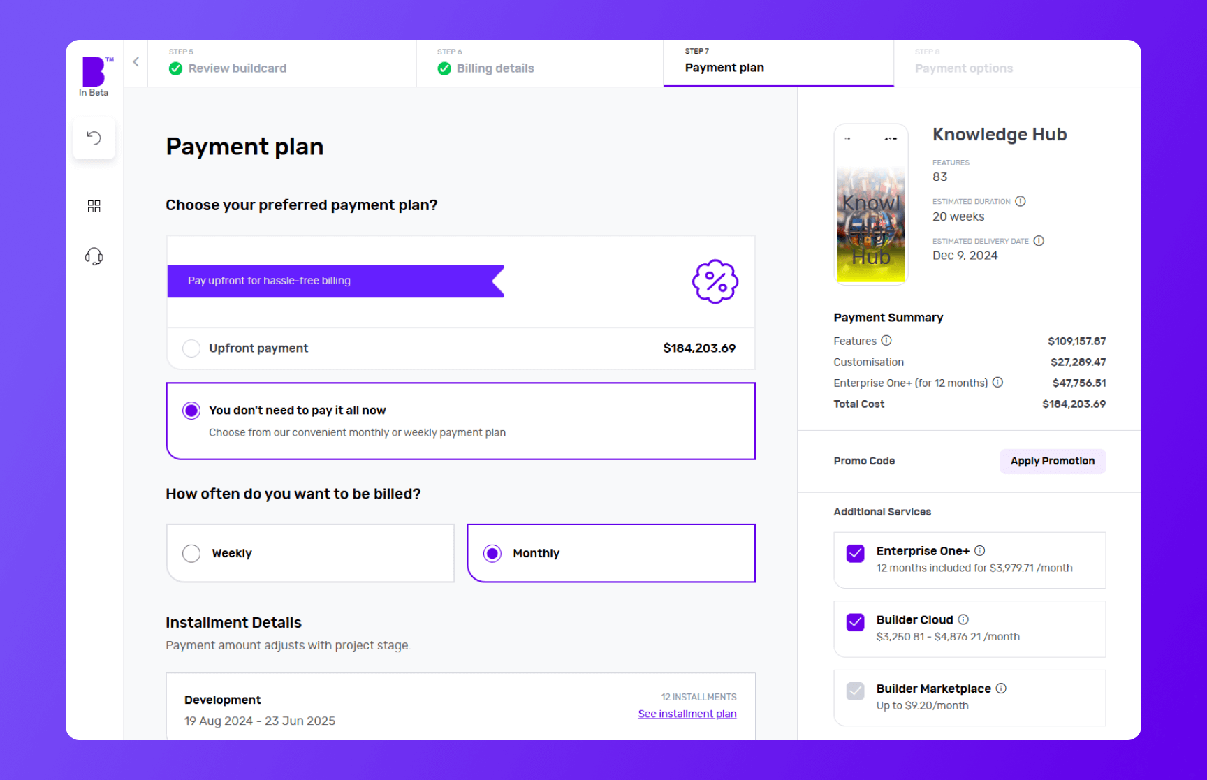 Builder Studio dashboard payment plan screen highlighting Knowledge Hub app