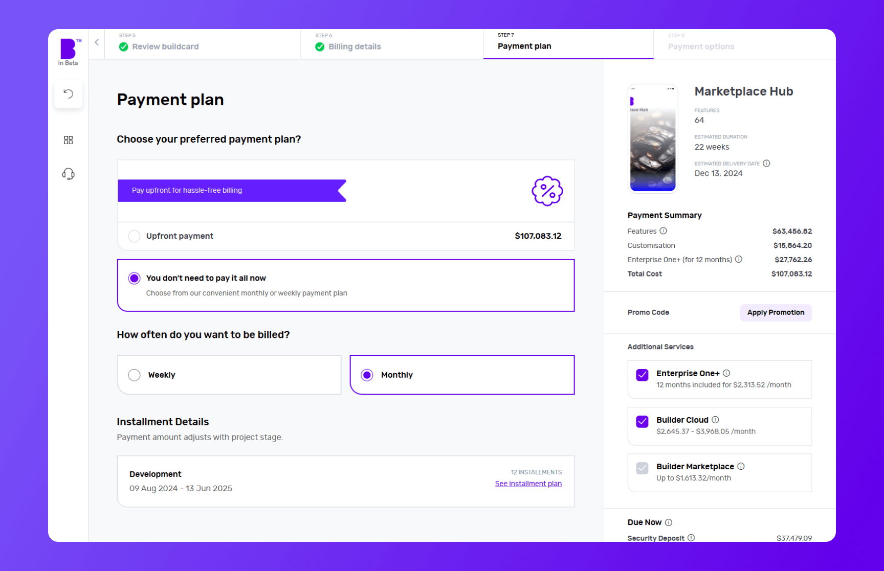 Builder Studio dashboard payment plan screen highlighting Marketplace Hub app