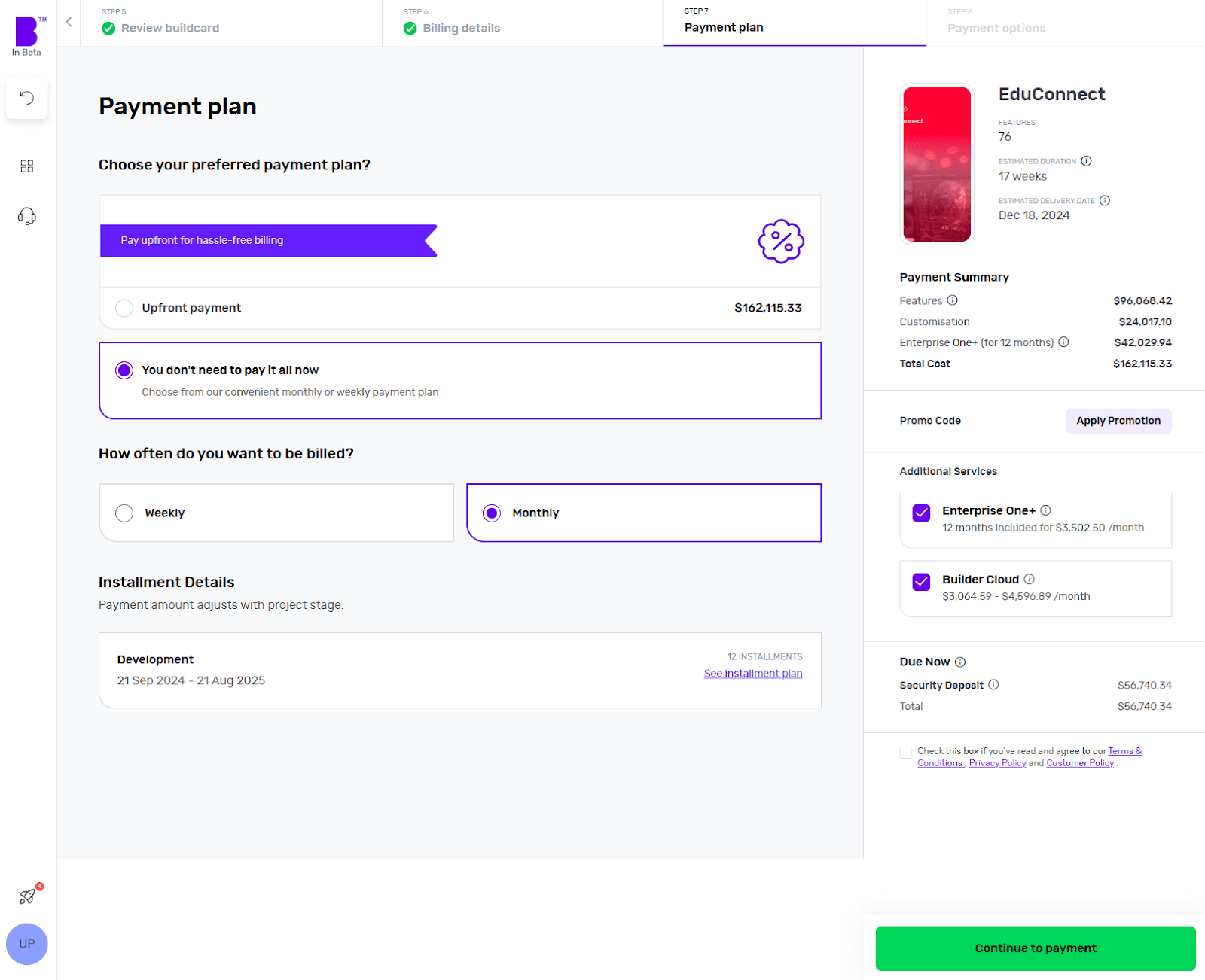 Builder Studio dashboard for app payment planning highlights the EduConnect app. The screen shows the project's cost, how often you pay, the details of each payment, the payment summary and other services on the right panel.