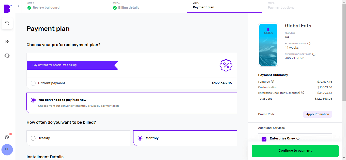 Screenshot of Builder Studio dashboard for app payment planning. The screen shows the project's cost, and how often you pay. The details of each payment, the payment summary and other services on the right panel.