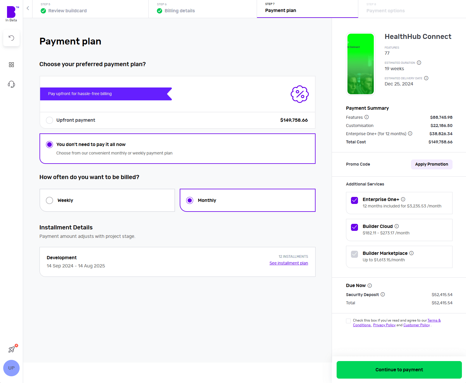 Builder Studio dashboard payment plan screen highlights the HealthHub Connect app.