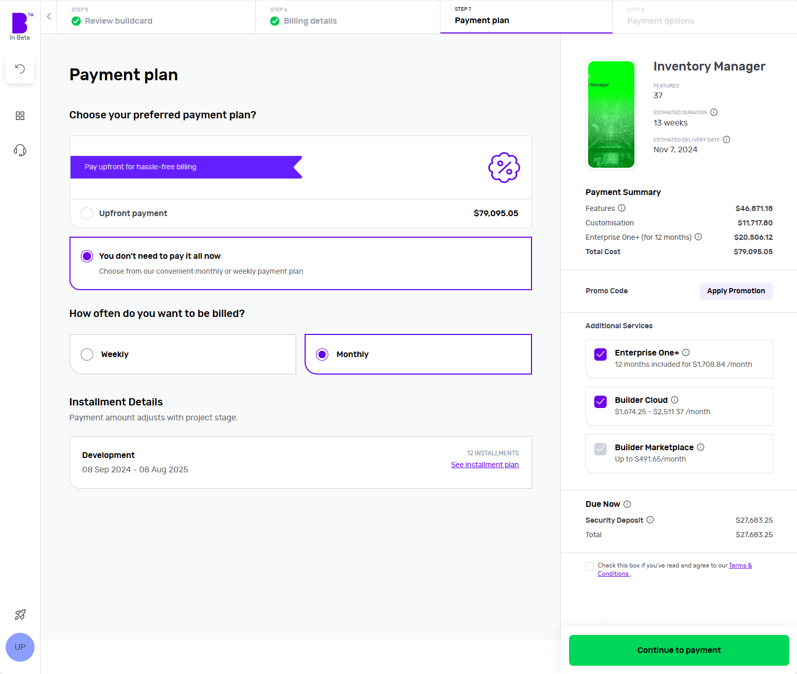 Builder Studio dashboard payment plan screen highlights the Inventory Manager app.